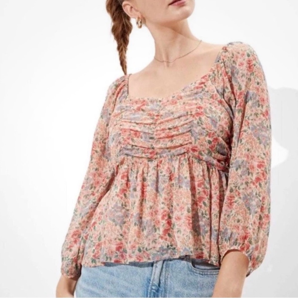 American Eagle Puff Sleeve Top Blouse Floral Ditsy Baby Doll Boho Smocked Size M